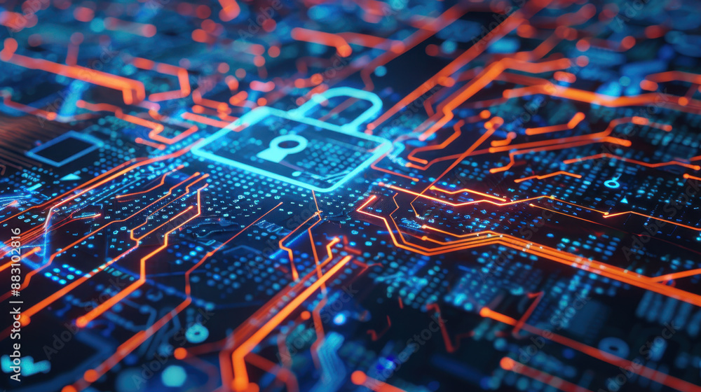Fototapeta premium Digital circuit board with glowing pathways and security lock icon, representing cybersecurity and data protection