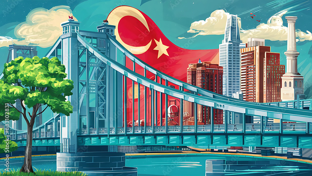 Naklejka premium Modern vintage illustration scene of a modern bridge with green tree and buildings.