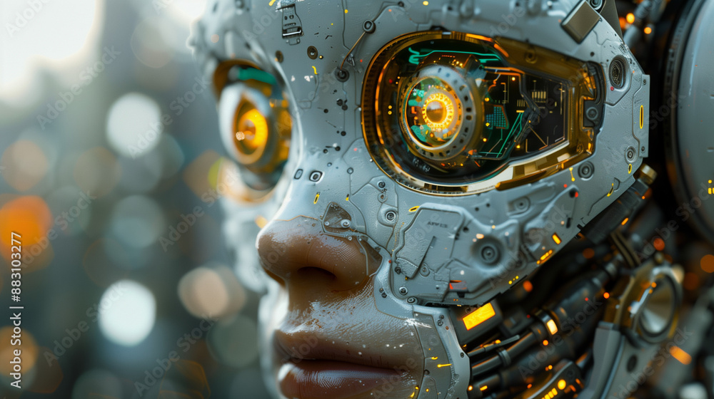 Intricate cybernetic humanoid face with circuitry showing Intricate cybernetic humanoid face with circuitry showing