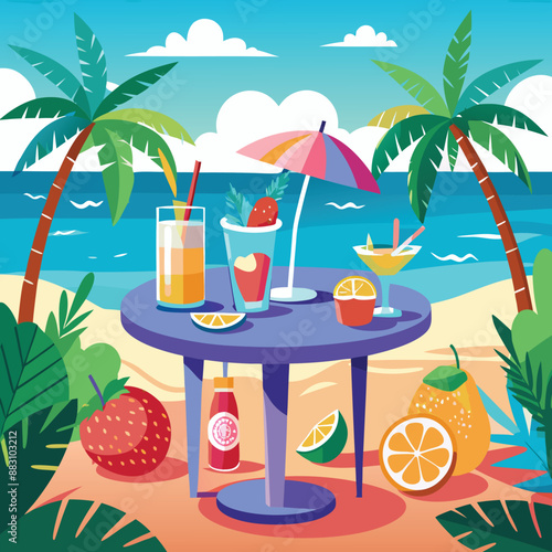 Set of cute summer icons. Hand drawn vector illustration. Flamingo, toucan, tropical palm leaves, fruits, food, drinks. Summertime poster, scrapbooking elements