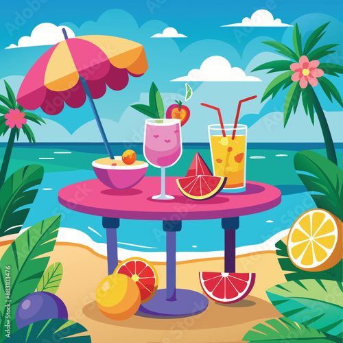 Set of cute summer icons. Hand drawn vector illustration. Flamingo, toucan, tropical palm leaves, fruits, food, drinks. Summertime poster, scrapbooking elements