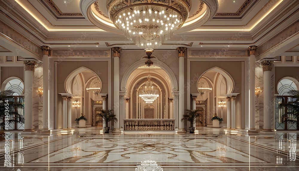 Fototapeta premium Grand Entrance Hall with Marble Flooring and Chandelier