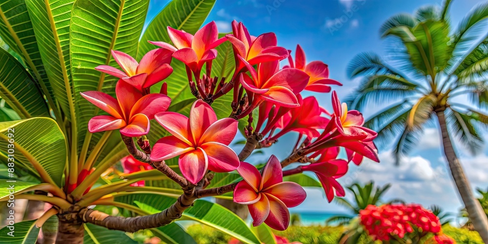 Beautiful and vibrant red frangipani flower tree in tropical setting, Plumeria rubra, exotic, fragrant, tropical, red, vibrant Beautiful and vibrant red frangipani flower tree in tropical setting, Plumeria rubra, exotic, fragrant, tropical, red, vibrant