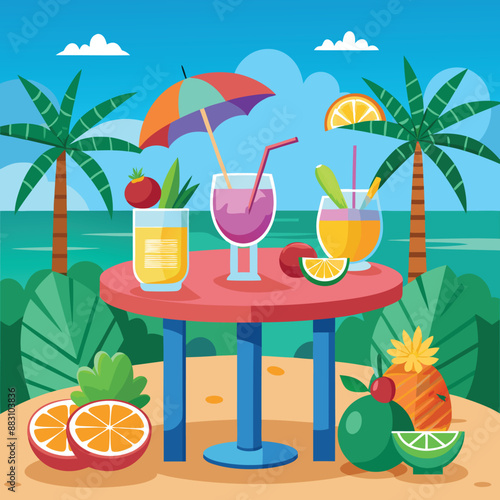 Set of cute summer icons. Hand drawn vector illustration. Flamingo, toucan, tropical palm leaves, fruits, food, drinks. Summertime poster, scrapbooking elements