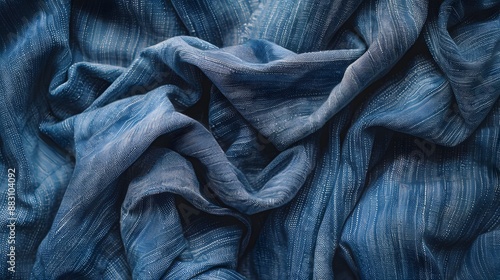 Pile of blue colored folded and crumple denim pants placed in light studio. 