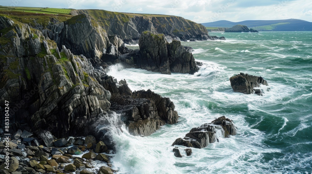Majestic Waves Crashing Against Dramatic Rocky Cliffs on Coastal Shoreline Majestic Waves Crashing Against Dramatic Rocky Cliffs on Coastal Shoreline