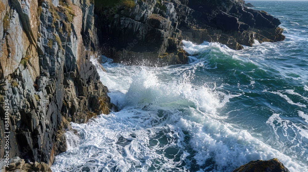 Majestic Waves Crashing Against Dramatic Rocky Cliffs on Coastal Shoreline Majestic Waves Crashing Against Dramatic Rocky Cliffs on Coastal Shoreline