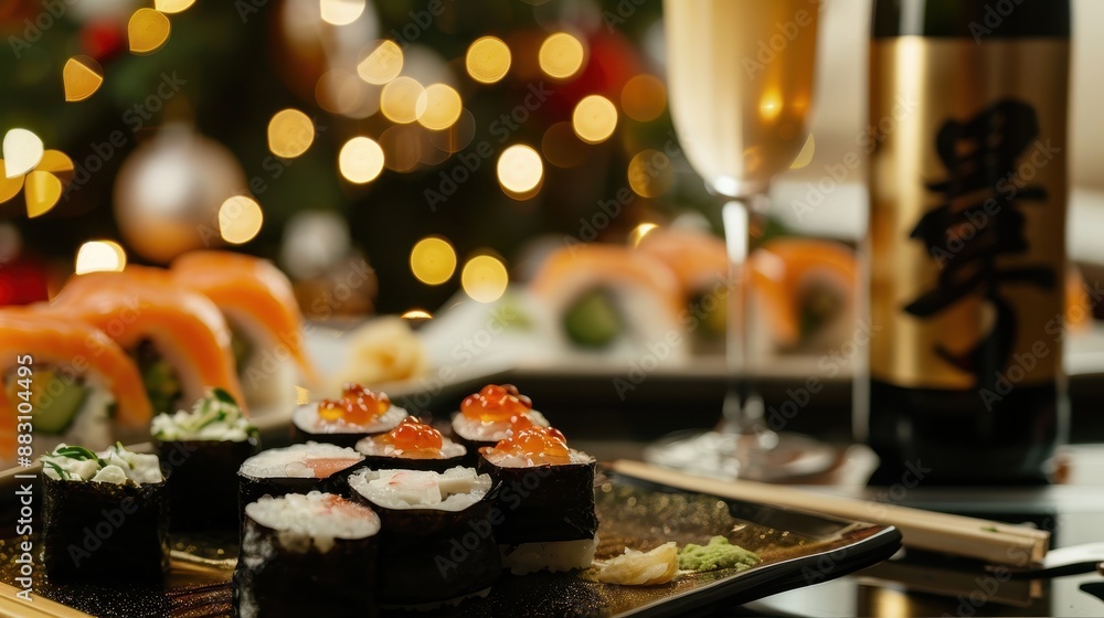 Close-up of assorted sushi rolls with sparkling drink and decorated background, perfect for festive dining ambiance. Close-up of assorted sushi rolls with sparkling drink and decorated background, perfect for festive dining ambiance.