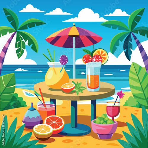 Set of cute summer icons. Hand drawn vector illustration. Flamingo, toucan, tropical palm leaves, fruits, food, drinks. Summertime poster, scrapbooking elements