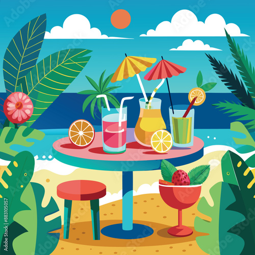 Set of cute summer icons. Hand drawn vector illustration. Flamingo, toucan, tropical palm leaves, fruits, food, drinks. Summertime poster, scrapbooking elements