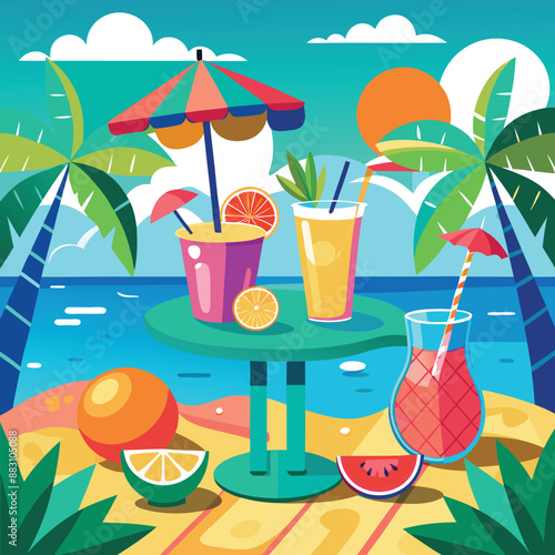 Set of cute summer icons. Hand drawn vector illustration. Flamingo, toucan, tropical palm leaves, fruits, food, drinks. Summertime poster, scrapbooking elements