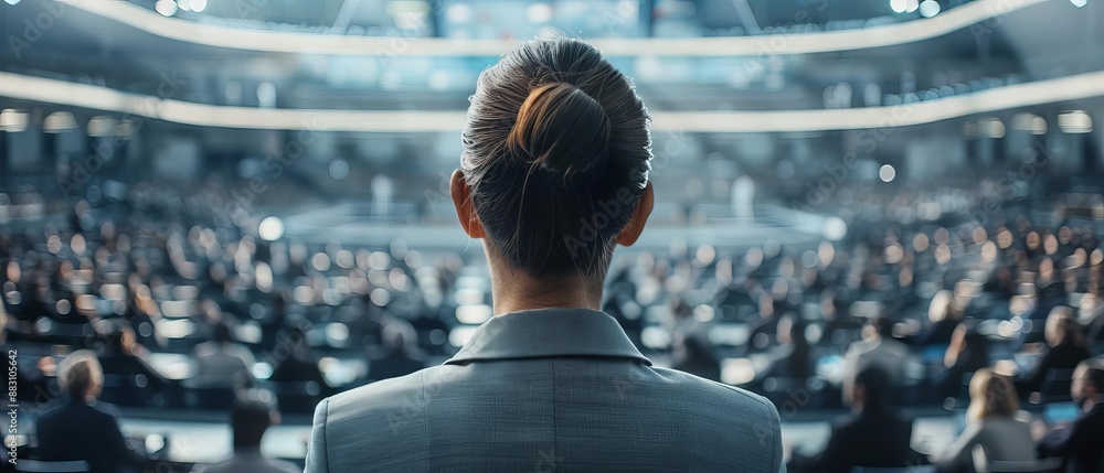 Back view of a woman giving a speech in a large conference hall ...