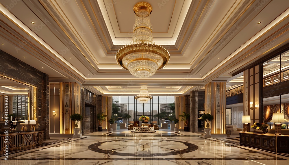 Obraz premium Luxury Hotel Lobby with Ornate Chandelier