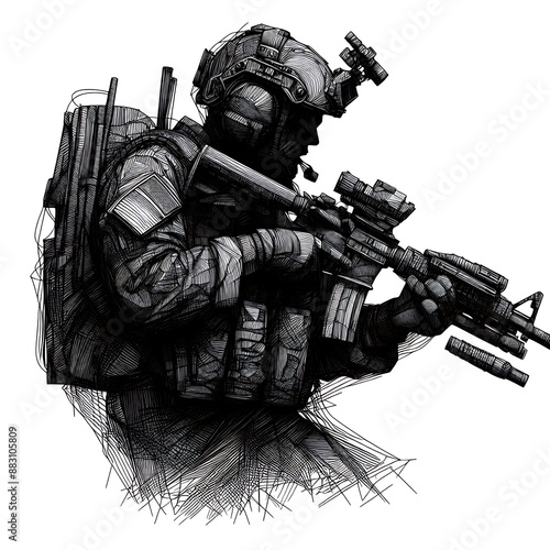 Illustration of soldier hand drawn on white background 