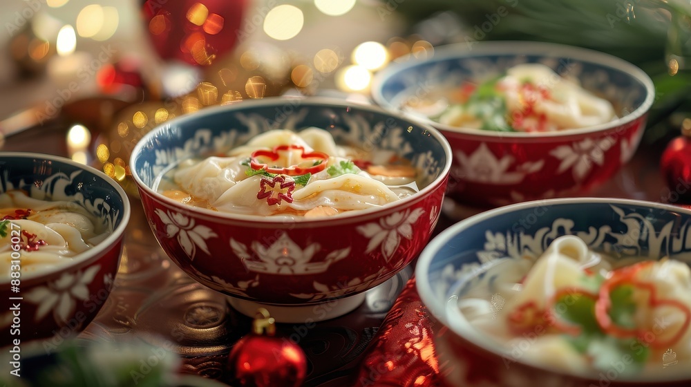 Festive-themed bowls filled with delicious noodle soup garnished with chili and herbs, set against a cozy holiday backdrop. Festive-themed bowls filled with delicious noodle soup garnished with chili and herbs, set against a cozy holiday backdrop.
