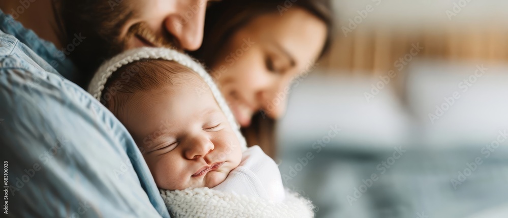 Beautiful close-up of a loving family moment. Parents cuddling their newborn baby, capturing pure love and joy in an intimate setting. Beautiful close-up of a loving family moment. Parents cuddling their newborn baby, capturing pure love and joy in an intimate setting.
