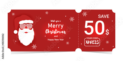 Coupon template with discount and promotional code for Christmas and New Year shopping, featuring a cool Santa in red.