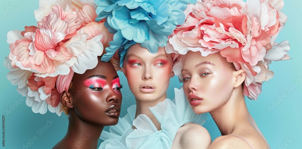 Beautiful women with different skin colors wearing peony flower hair ...