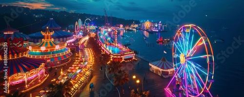 Drone shot of a vibrant carnival at night with neon lights and thrilling rides, Psychedelic, Neon, 3D render, exciting and dynamic nightlife scene