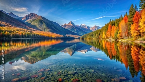 Autumn foliage reflecting on the tranquil waters of Bowman Lake in Glacier National Park, Montana, USA, autumn photo