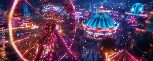 Drone shot of a vibrant carnival at night with neon lights and thrilling rides, Psychedelic, Neon, 3D render, exciting and dynamic nightlife scene