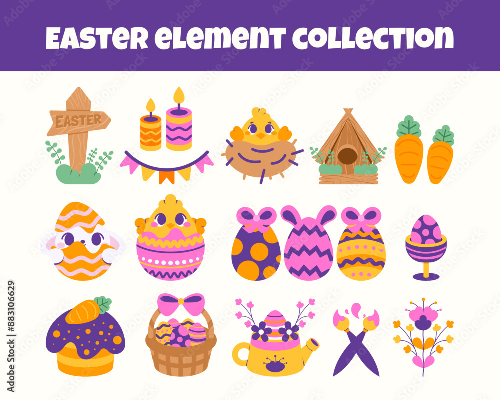 Collection of easter elements in flat style on white background Collection of easter elements in flat style on white background