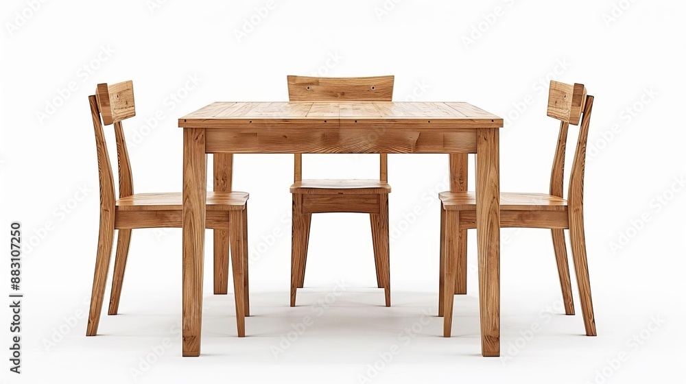 Clear view of a modern IKEA dining set with a natural wood frame and streamlined design, white background, Realistic, Sharp focus Clear view of a modern IKEA dining set with a natural wood frame and streamlined design, white background, Realistic, Sharp focus