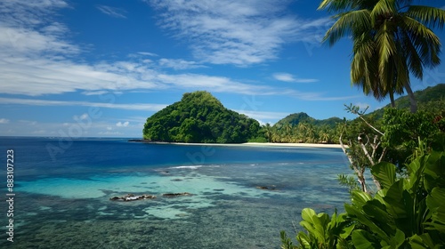 Tropical island life in Fiji with lush vegetation and clear blue skies