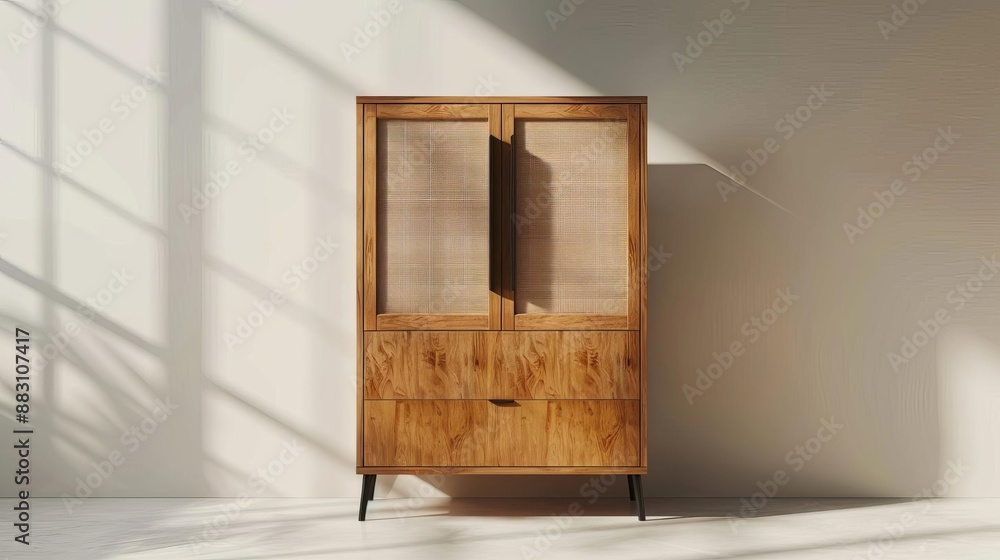 Fototapeta premium Clear view of a modern IKEA filing cabinet with natural wood accents, isolated white backdrop, Illustration, Vibrant colors
