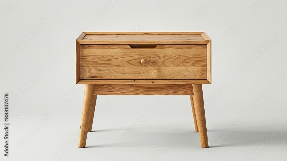 Clear view of a modern IKEA nightstand with a natural wood frame and streamlined design, white background, Realistic, Sharp focus Clear view of a modern IKEA nightstand with a natural wood frame and streamlined design, white background, Realistic, Sharp focus