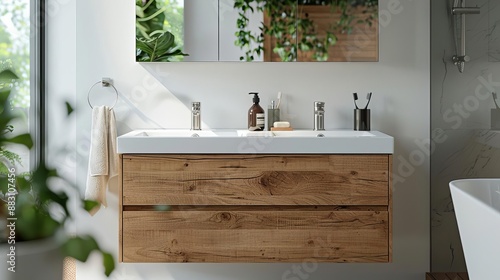 Clear view of a modern IKEA bathroom cabinet with a natural wood frame and streamlined design, white background, Realistic, Sharp focus