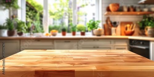 Wooden Tabletop in a Kitchen with a Blurred Background