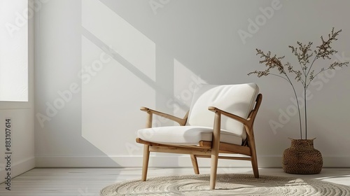 Clear view of a modern IKEA armchair with a natural wood frame, sleek design, white backdrop, 3D rendering