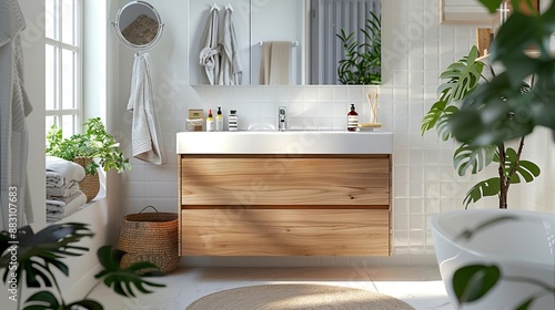 Clear view of a modern IKEA vanity with a natural wood frame and streamlined design, white background, Realistic, Sharp focus