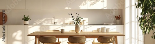 Wallpaper Mural Clear view of a modern IKEA kitchen table with a natural wood frame and Scandinavian design, white background, Realistic, Soft lighting Torontodigital.ca
