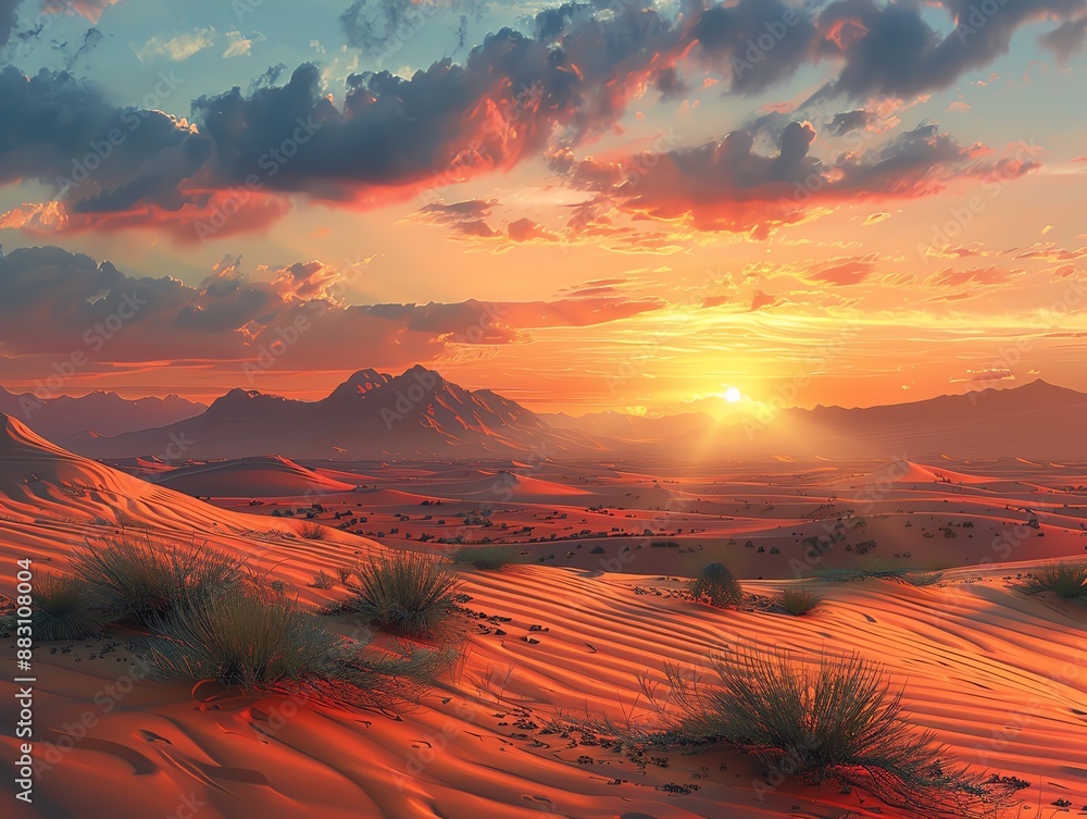 Naklejka premium Serene desert landscape, towering sand dunes, sparse vegetation, and a dramatic sunset