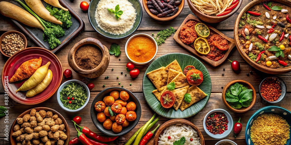 Assortment of delicious international foods from different countries, International, cuisine, world, flavors, dishes, diverse Assortment of delicious international foods from different countries, International, cuisine, world, flavors, dishes, diverse