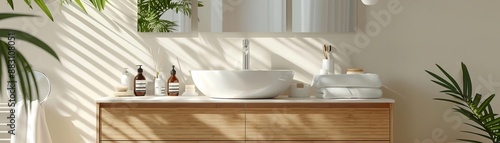 Clear view of a modern IKEA bathroom cabinet with a natural wood frame and streamlined design, white background, Realistic, Sharp focus