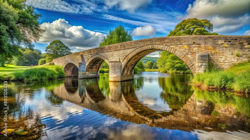 Fototapeta premium Ancient stone bridge over a tranquil river, ancient, bridge, stone, historical, architecture, render, crossing