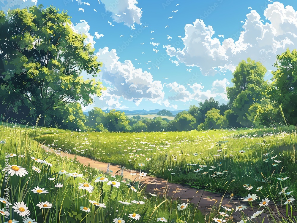 Obraz premium Tranquil countryside in summer, lush green fields, wildflowers, and a clear blue sky