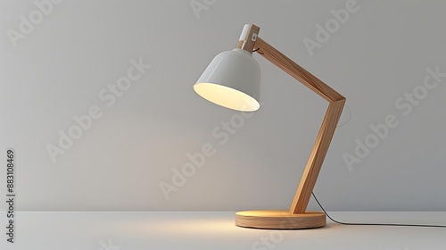 Clear view of a modern IKEA desk lamp with a natural wood base, sleek design, white backdrop, 3D rendering