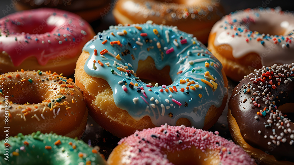 Colorful donuts with sprinkles, joy, indulgence, celebration Colorful donuts with sprinkles, joy, indulgence, celebration