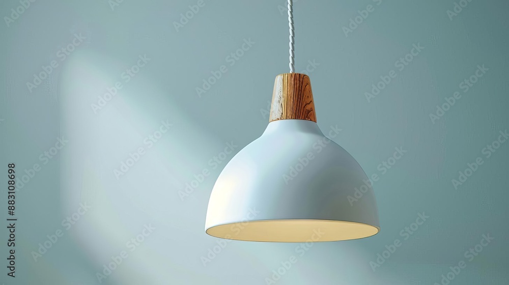 Fototapeta premium Closeup of a minimalist IKEA pendant light with a natural wood base, isolated white background, Illustration, Pastel colors