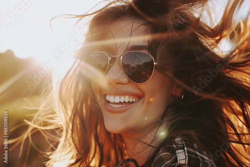 Close up of smiling woman in sunglasses with sunlight streaming through her hair photo