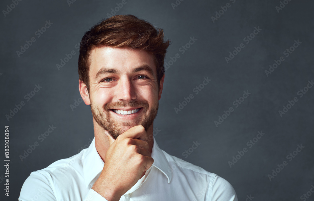 Business, portrait and man in studio, smile and ambition of lawyer, intern and ready for working. Grey background, employee and happy for law firm, professional and part time of attorney and person Business, portrait and man in studio, smile and ambition of lawyer, intern and ready for working. Grey background, employee and happy for law firm, professional and part time of attorney and person