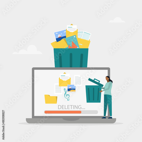 Delete concept. The character deletes data on the laptop and moves unnecessary files to the trash. Cleaning digital memory. Vector illustration.	