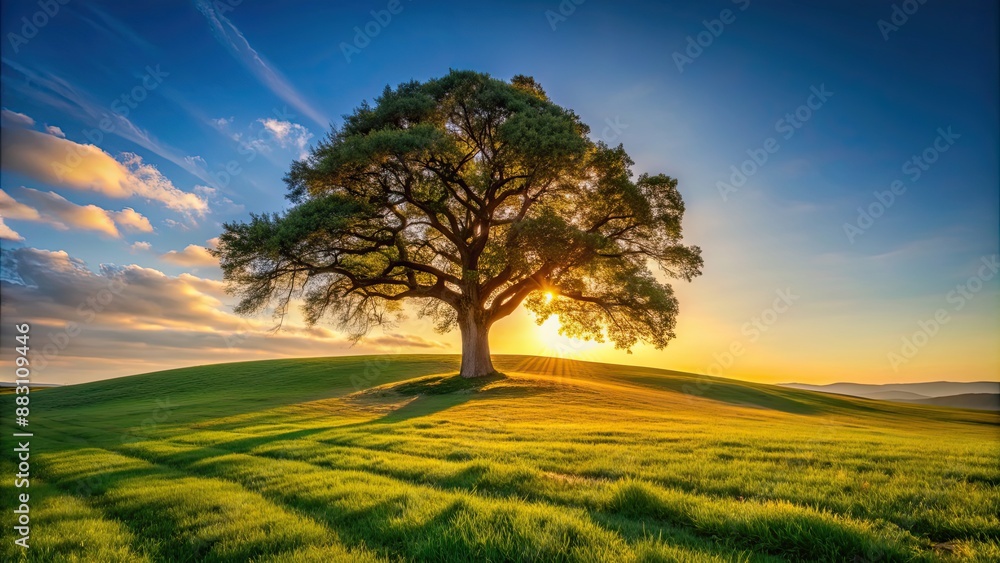Ancient oak tree standing on grassy hill at sunset, casting long shadows, lonely, nature, landscape, sunset, dusk, tranquil Ancient oak tree standing on grassy hill at sunset, casting long shadows, lonely, nature, landscape, sunset, dusk, tranquil