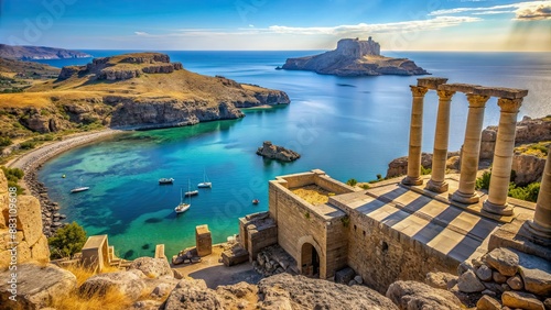 Ancient ruins overlooking the crystal blue waters of the Aegean Sea in Lindos, Greece, Acropolis, Ancient, Ruins photo