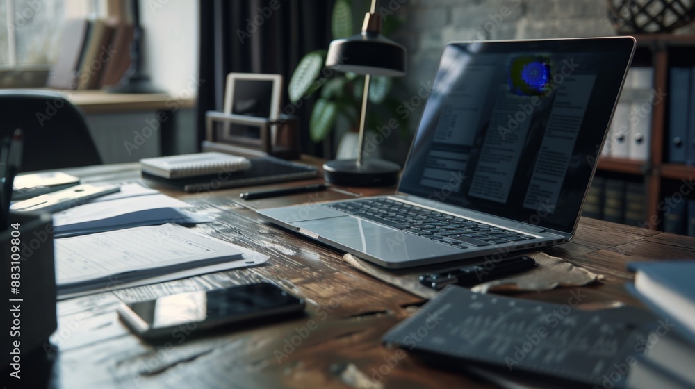 Laptop on wooden desk with documents and office supplies. Laptop on wooden desk with documents and office supplies.