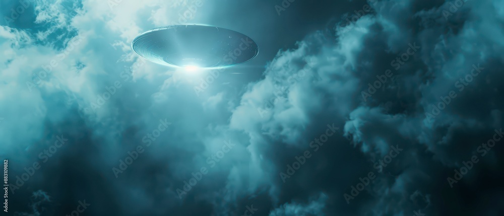 A Flying Disc Shaped Object Among Dark Clouds In The Night Sky A Flying Disc Shaped Object Among Dark Clouds In The Night Sky